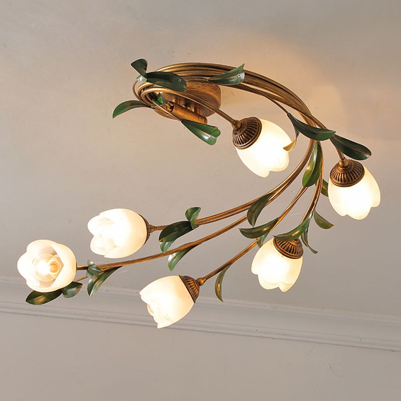 American Style Ceiling Light Flower Shape Ceiling Lamp with Glass Shade for Living Room
