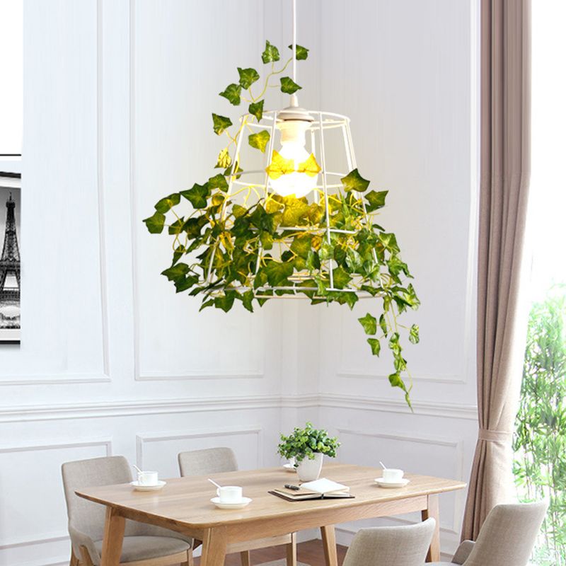 Iron Tapered Cage Suspension Lighting Retro 1 Head Dining Room Pendant Ceiling Light with Decorative Ivy in Green