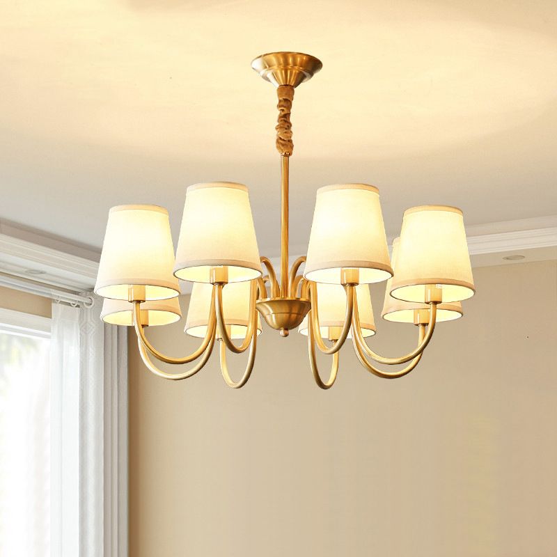Brass Barrel Chandelier Light American Style Multi-Head Suspension Lamp with Fabric Shade