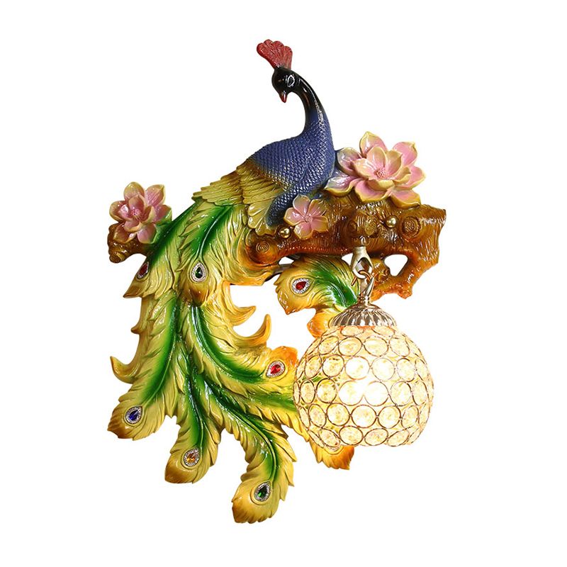 Peacock and Flower Bedroom Sconce Traditional Resin Single Head Blue-Green Wall Lighting Fixture with Orb Hand-Cut Crystal Shade, Left/Right