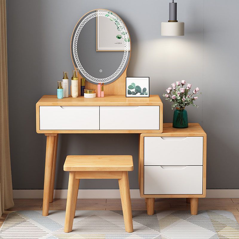 Scandinavian Rubberwood Vanity Table with Stool and 4 Drawers