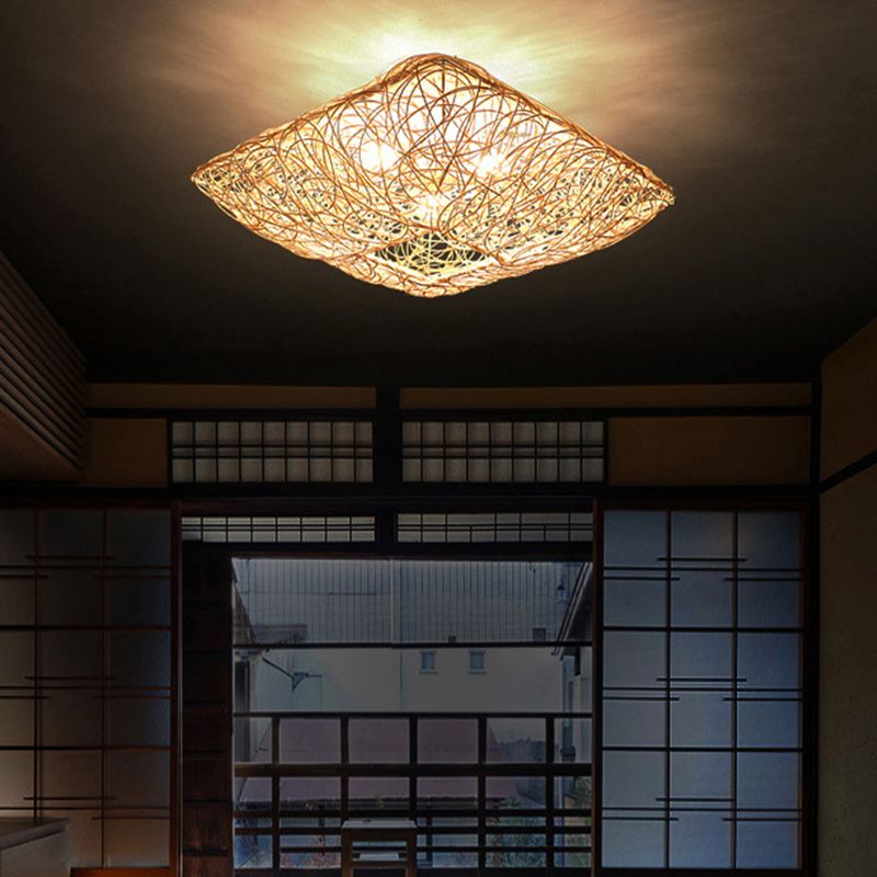 Asian Square Flush Mount Lighting 3-Light Rattan Flush Mount Ceiling Lights for Living Room