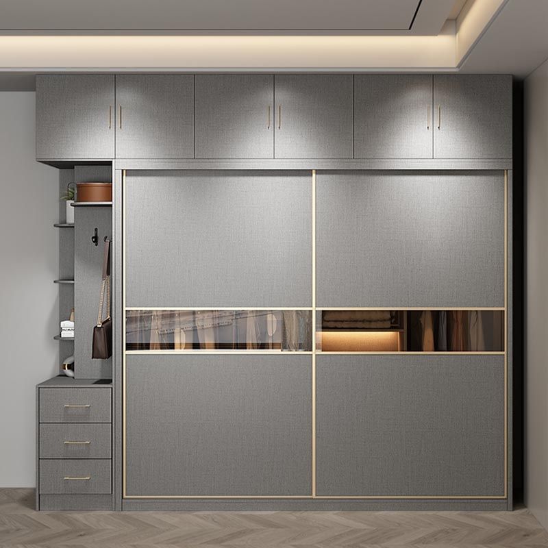 Contemporary Style Gray Colour Wardrobe Wood Self Close Drawers Wardrobe Closet