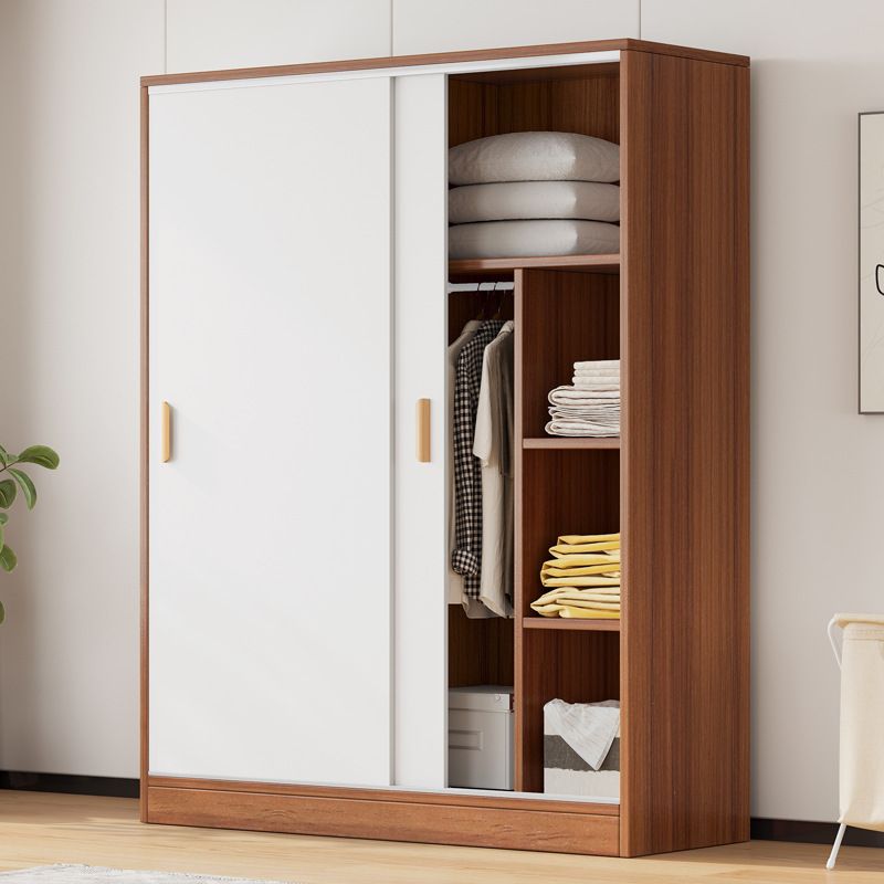 Modern Storage Cabinet Wooden 2-Door Wardrobe Armoire with Shelves and Clothes Rail