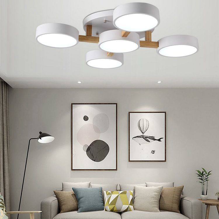 Wooden Sputnik LED Ceiling Light in Modern Singularity Wrought Iron Macaron Flush Mount with Acrylic Shade