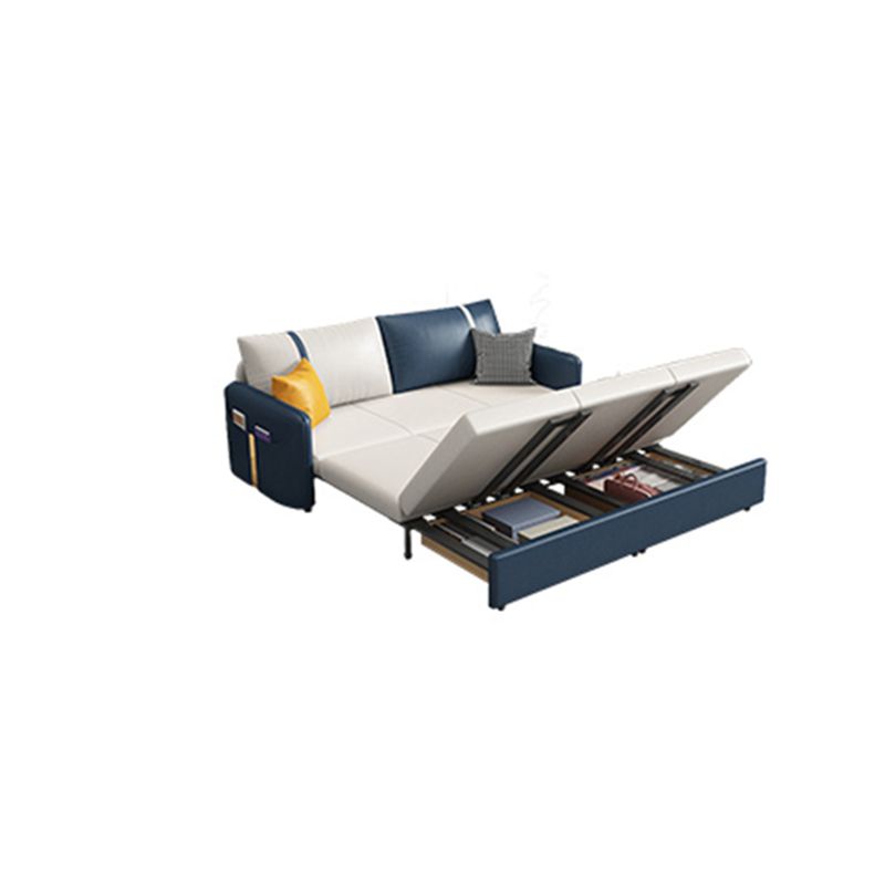 Square Arm Contemporary Convertible Faux Leather Couch Bed with 2 Pillows