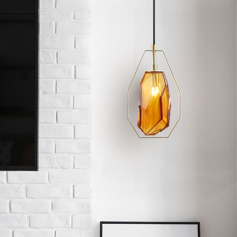Gem Amber/Smoke Grey Glass Hanging Lamp Postmodernist 1 Light Brass Ceiling Pendant with Heptagon Frame