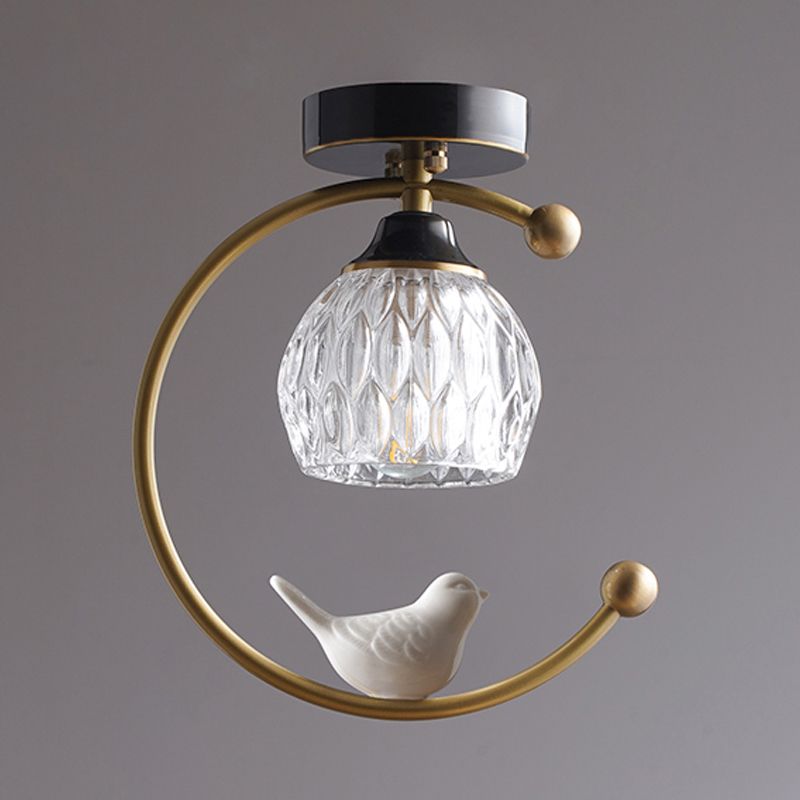 Domina de vidrio con textura Semi Flush Mount Farm 1 Cabeza de comedor Lámpara de techo con latón C Brazo y decoración de pájaros