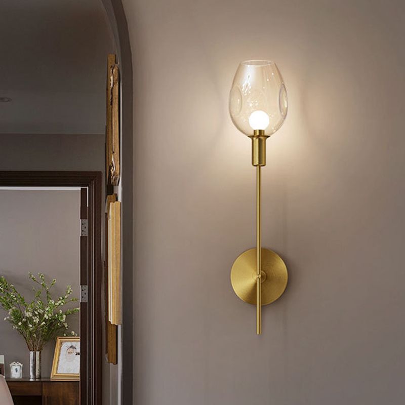 Dimpled Cup Clear Glass Wall Light Minimalist Single Gold Sconce Lamp with Pencil Arm for Hallway