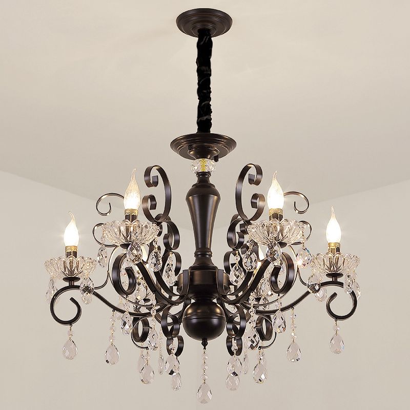 Metallic Candle Hanging Lamp Kit Minimalism 6/8 Bulbs Black Chandelier with Crystal Strands and Curvy Arm