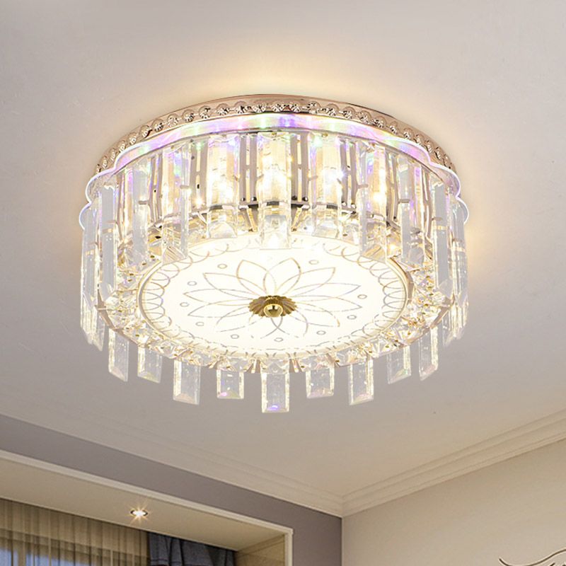 12"/19.5" W LED Crystal Block Ceiling Flush Mount Modernist Gold Drum Shade Flush Light Fixture with Petal Pattern