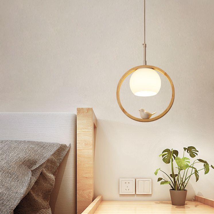 1 Light Pendant Light Contemporary Round Natural Wood Bedroom Hanging Lamp with Little Bird