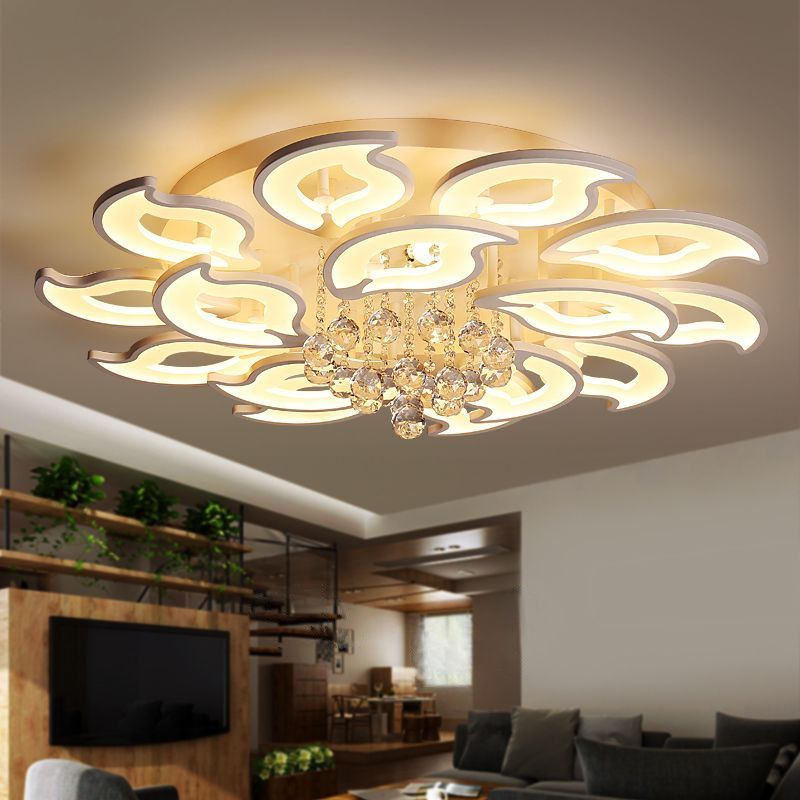 Modernity LED Flush Mount White Flower Crystal Flush Ceiling Light Fixture with Acrylic Shade