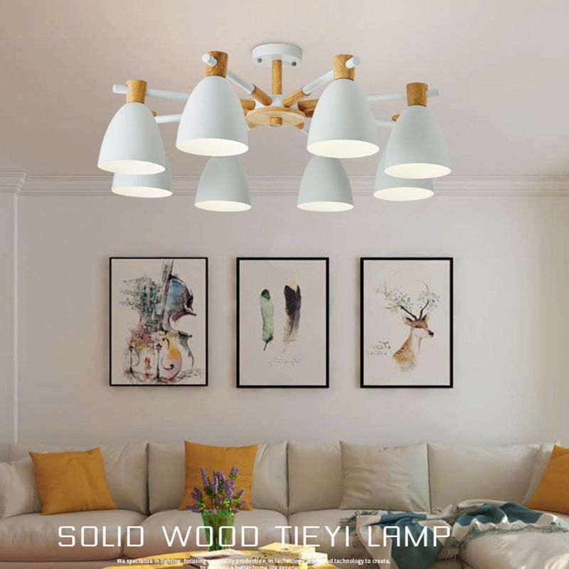 Nordic Style Chandelier Bell Shade Wooden Ceiling Light Fixture for Living Room