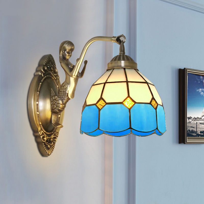 1 Bulb Living Room Wall Mounted Light Baroque Bronze Mermaid Wall Lamp with Grid Dome Dark/Sky Blue and White Glass Shade