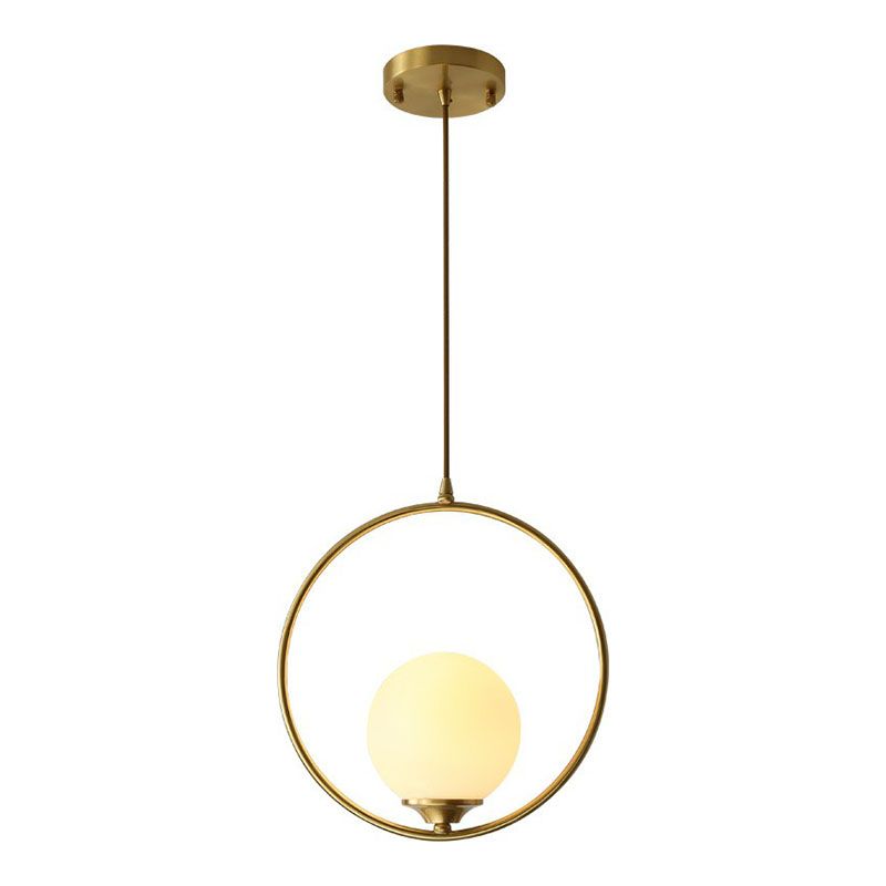Antiqued Gold Ball Shaped Ceiling Lamp Minimalist 1 Bulb Cream Glass Suspension Light with Ring Decoration