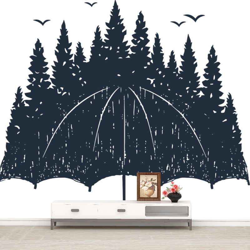 Novelty Forest on Umbrella Mural Wallpaper for Bedroom Custom Wall Decor in Black-White
