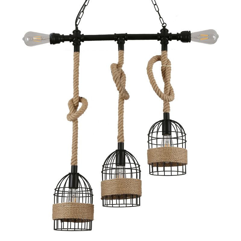 3 - Light Industrial Kitchen Island Lighting Metal & Hemp Rope Ceiling Fixture in Black