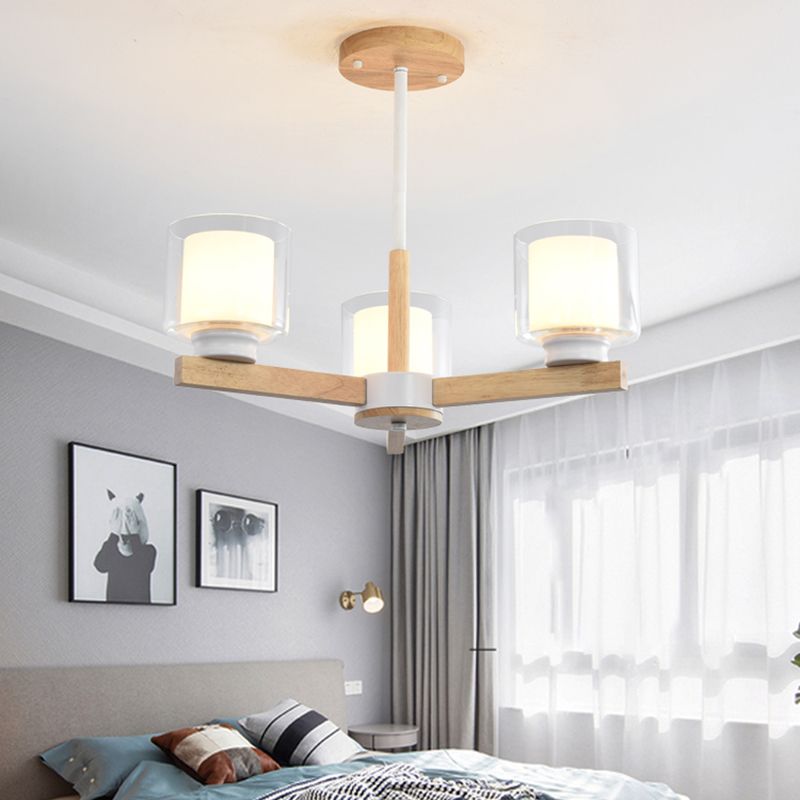 Wooden Chandelier Modern Living Room Suspension Lamp with Glass Shade