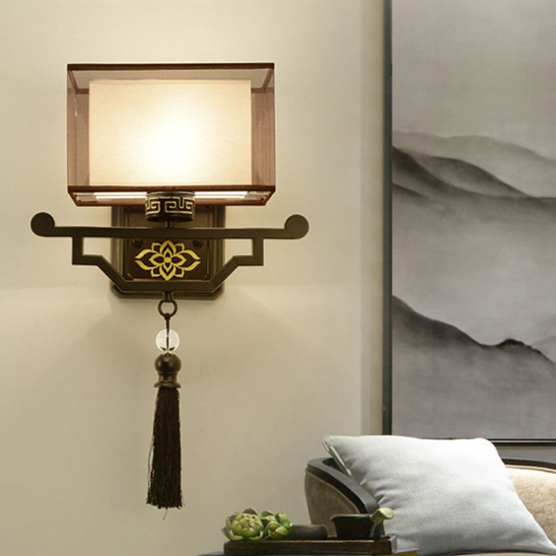 Black 1 Light Wall Mount Light Traditional Fabric Rectangle Sconce with Metal Backplate