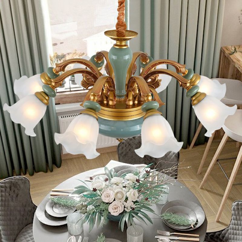 Flower Opal Frosted Glass Chandelier Vintage Living Room Hanging Light in Brown-Blue