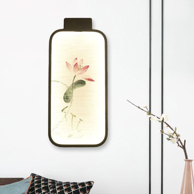 Fabric Blooming Lotus/Peach Mural Lamp Chinese Black LED Wall Mounted Lighting for Bedroom