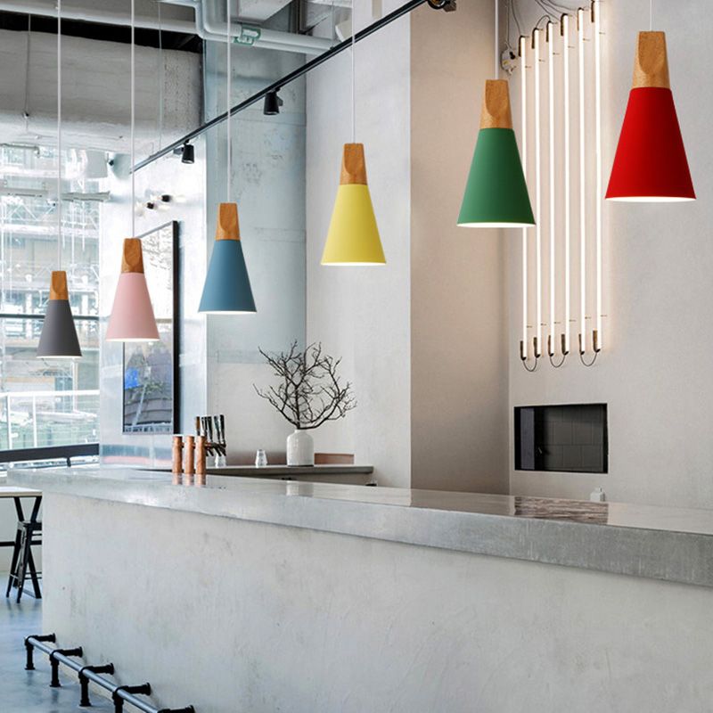 Metal Tapered Hanging Light Nordic Style 1 Light Restaurant Ceiling Pendant Lamp with Wooden Top