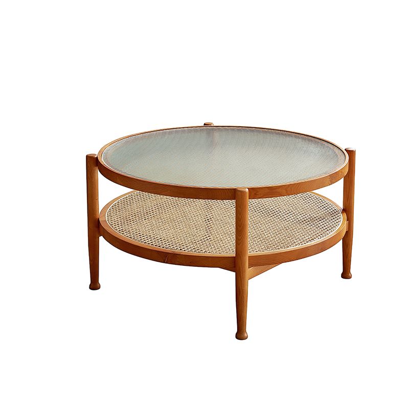 Modern 4 Legs Wood Base Glass Round Top Coffee Table for Apartment