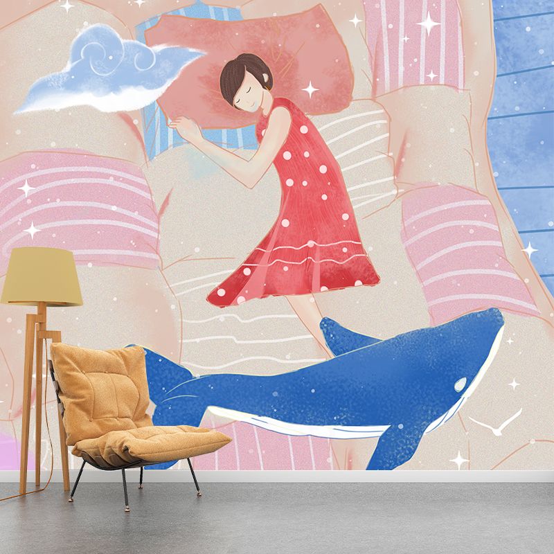 Non-Woven Washable Mural Childrens Art Whale in Girls Dream Wall Covering in Pink-Blue