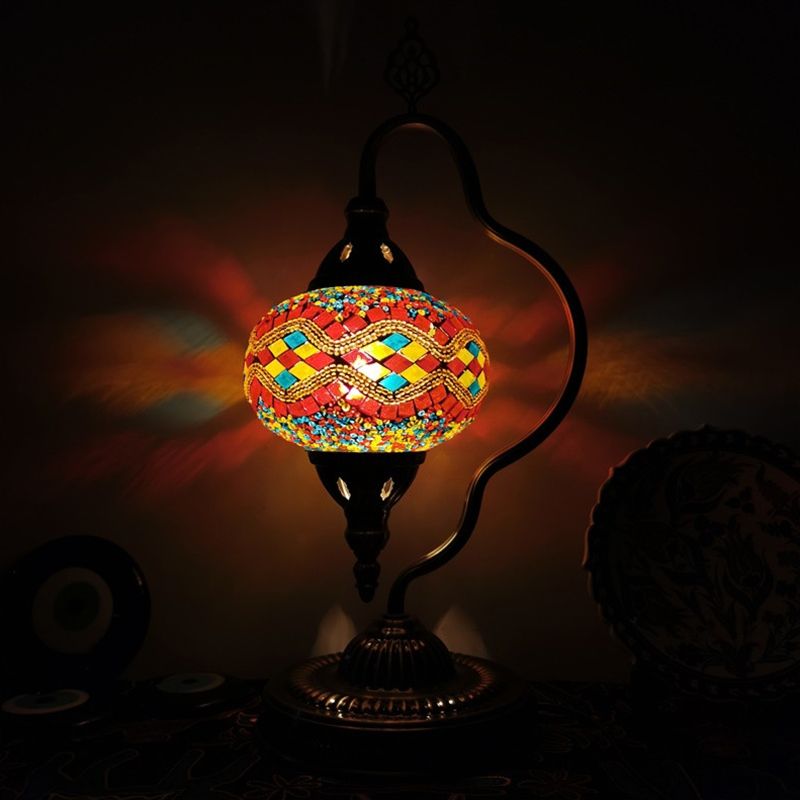 Stained Art Glass Globe Table Lamp Art Deco 1 Head Restaurant Night Light with Curvy Arm in White/Red/Yellow