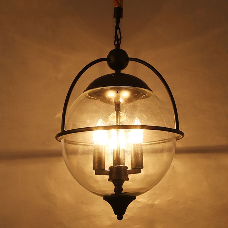 Globe en verre transparent lustre Light traditionnel 3 éclairage pendentif de salon léger en noir