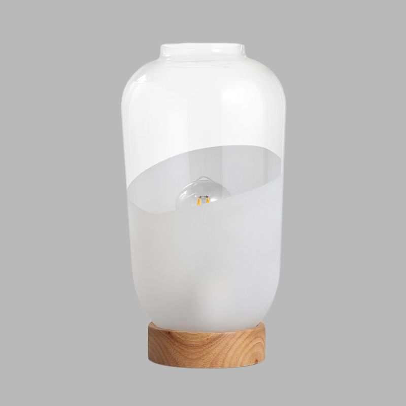 Lámpara de mesa de noche sencilla con forma de tarro, cristal transparente y blanco, 1 cabezal, con base de madera