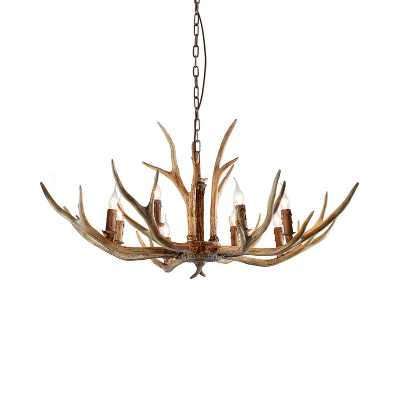 Brown 8 lumières lustre éclairage en résine rurale candelabra pendante avec accent de bois pour salle à manger