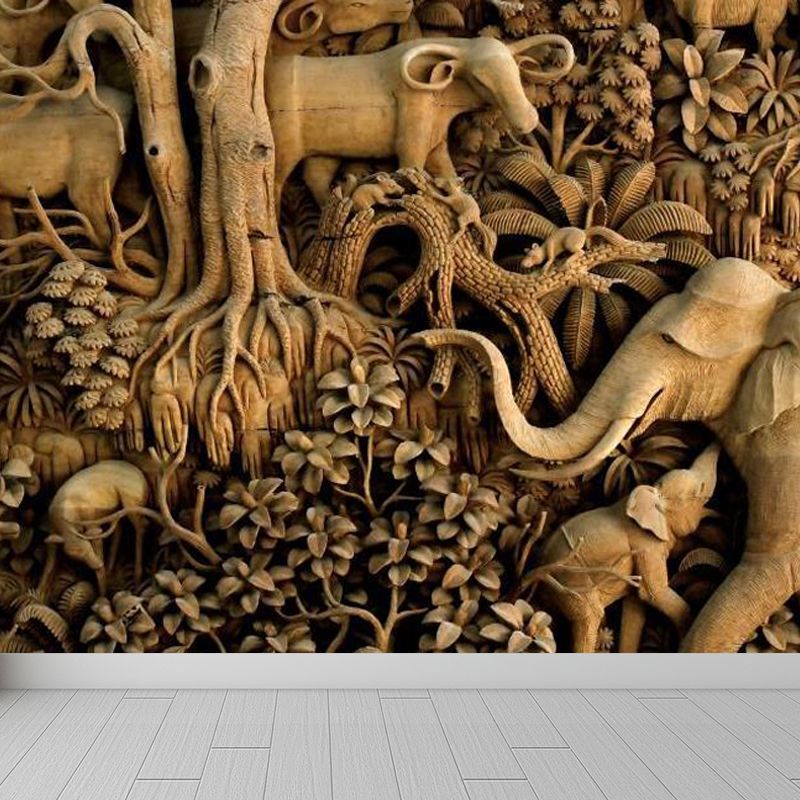 Yellow Elephant and Botanical Mural for Decoration Tropical Living Room Wall Art