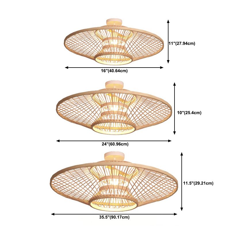 Round Shape Ceiling Lamp Asian Style Rattan 1 Light Flush Mount for Living Room