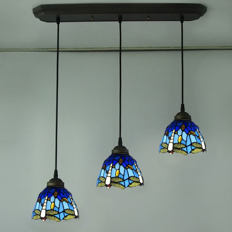 Cut Glass Drop Lamp Dome 3 Bulbs Mediterranean Pendant Lighting Fixture with Dragonfly Pattern