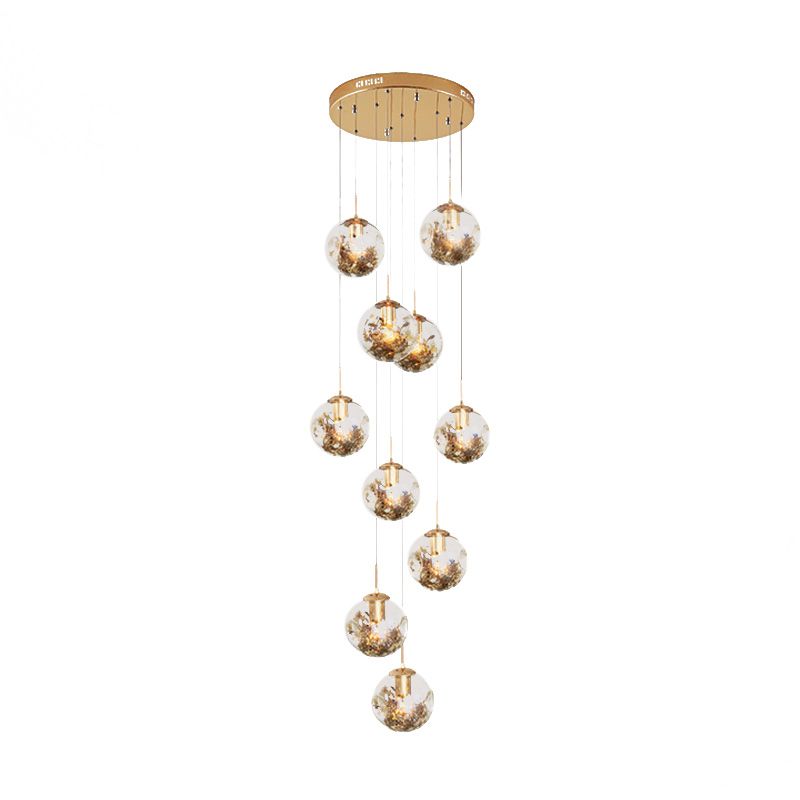 10 bollen Amber Dimpled Glass Pendant Contemporary Gold Ball Woonkamer Multi Light kroonluchter