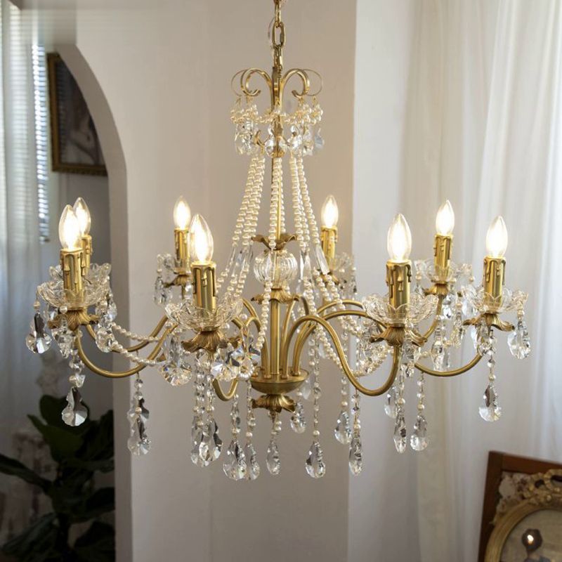 Multi-lights Vintage Candlestick Pendant Light Rustic Style Crystal Drops Large Chandelier for Living Room Dining Room