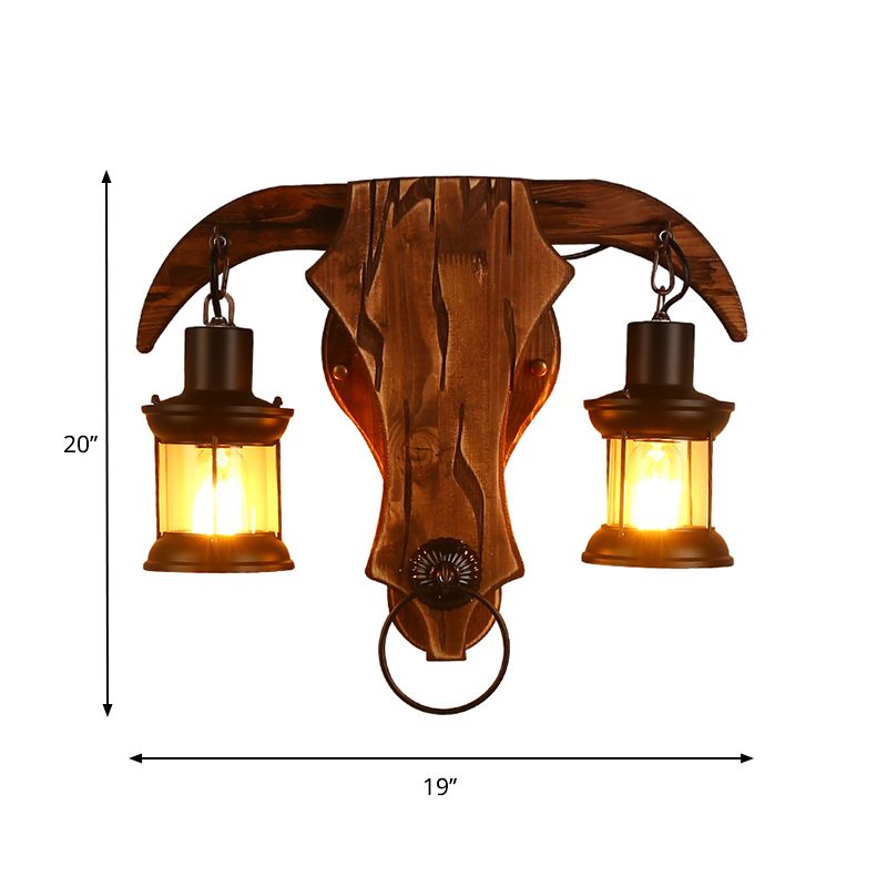 Brown Bull Shaped Sconce Wall Lighting Retro Style 2 Bulbs Wood and Metal Wall Lamp with Lantern Shade