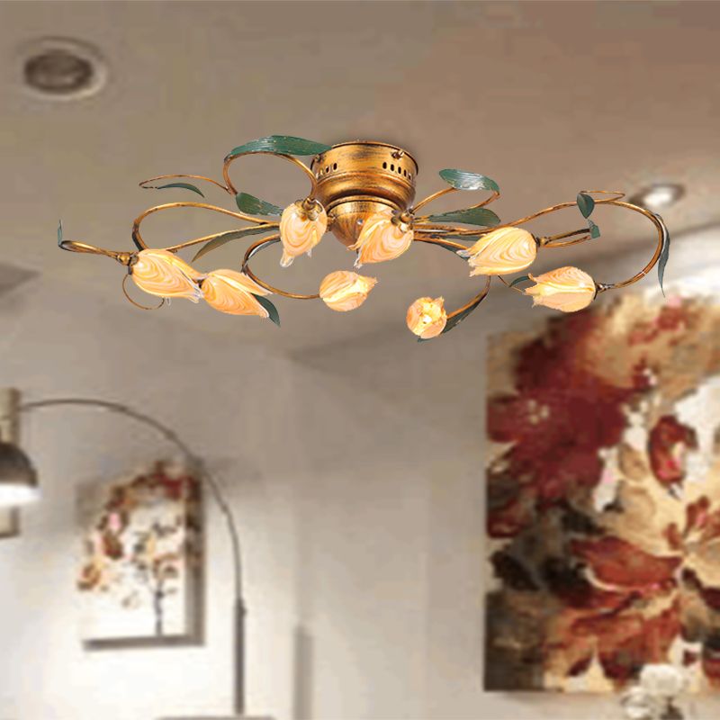 8/15 Heads Ceiling Mounted Fixture American Garden Bedroom LED Semi Flush Light with Tulip Frosted Glass in Brass