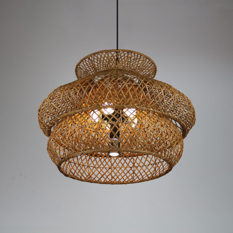 6 Heads Wide Flare Ceiling Chandelier Asian Bamboo Hanging Pendant Light in Brown