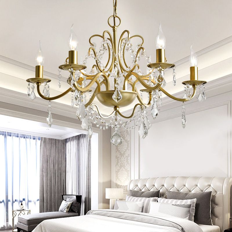 Traditional Curved Arm Down Lighting Pendant Crystal Chandelier Lighting in Gold