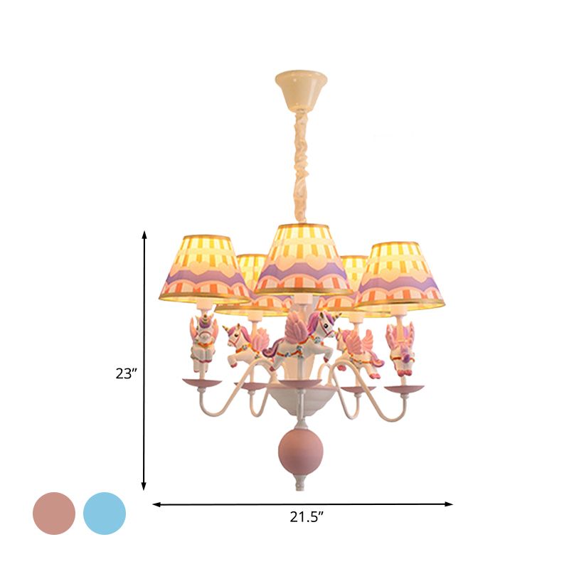 Pink/Blue Tapered Pendant Chandelier Cartoon 5 Lights Fabric Ceiling Light with Unicorn Decoration
