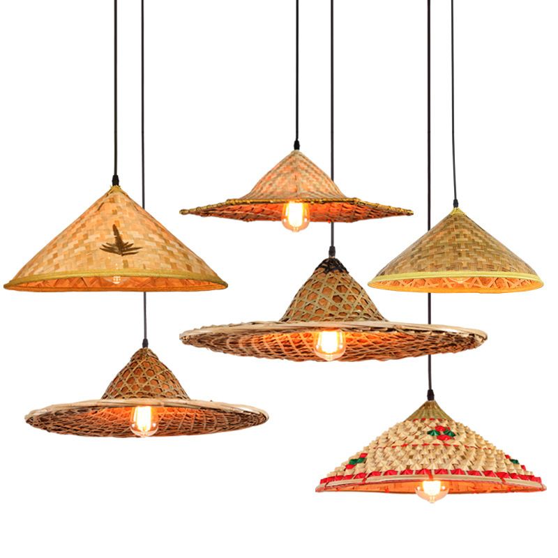 Asian Inspired Farmers Hat Pendant Bamboo Woven 1 Head Diner Ceiling Lamp in Wood