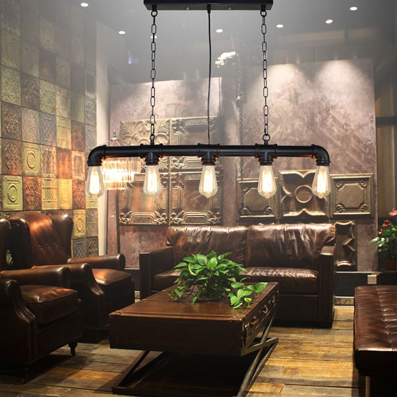 5 Lights Metal Water Tubular Island Pendant Lighting Retro Industrial Exposed Bulb Island Lamp