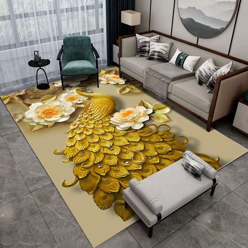 Contemporary Indoor Rug Gorgeous Peacock Pattern Rug Polyster Washable Area Rug for Living Room