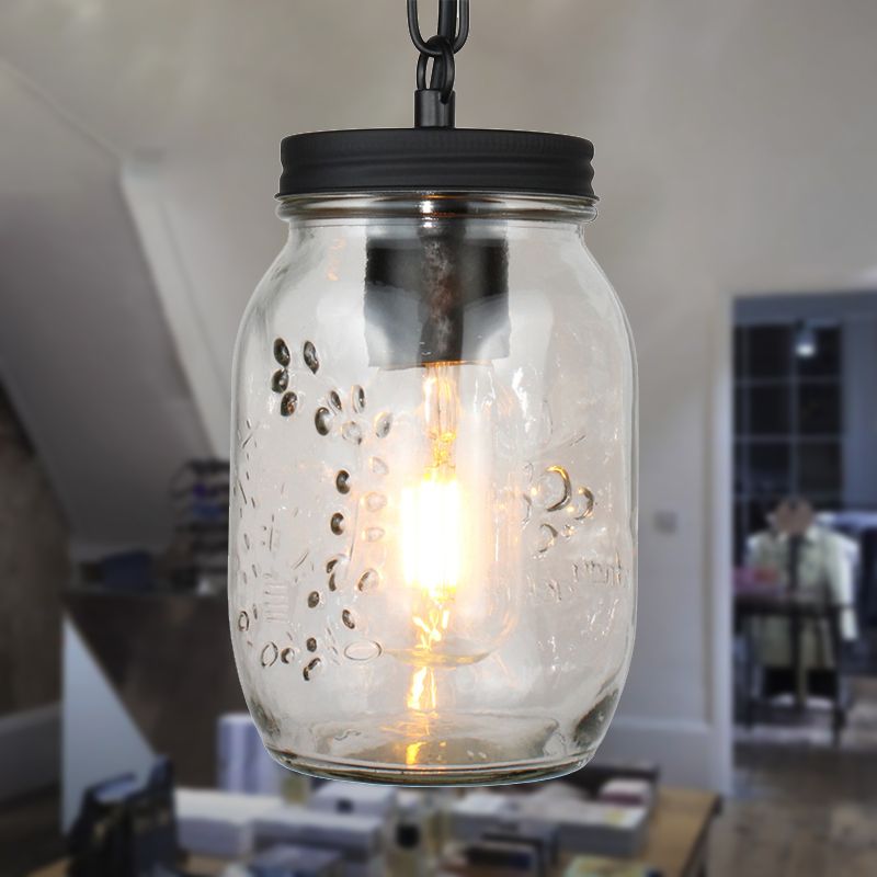 Modern Mason Jar Hanging Ceiling Light 1 Light Clear Glass Pendant Lighting in Black