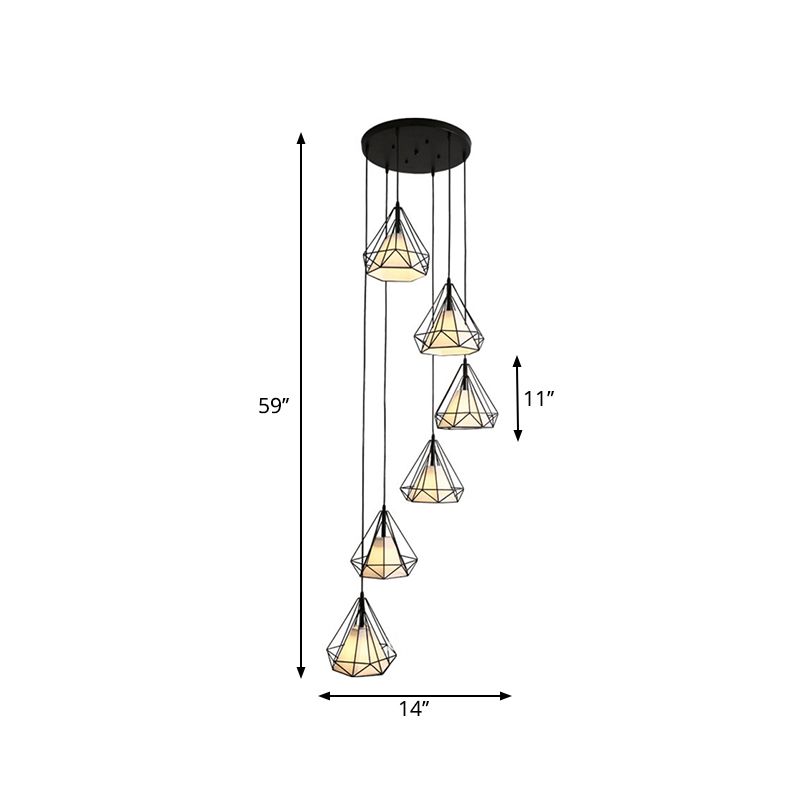 Simple Diamond Cage Multi Pendant Metal 6 Lumières Corridor Hanging Light Kit avec ombre en tissu intérieur en noir