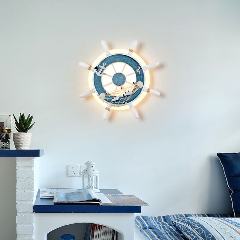 Rudder Resin Wall Lighting Ideas Coastal LED White/Blue Wall Mount Lamp with Round Acrylic Shade in Warm/White Light