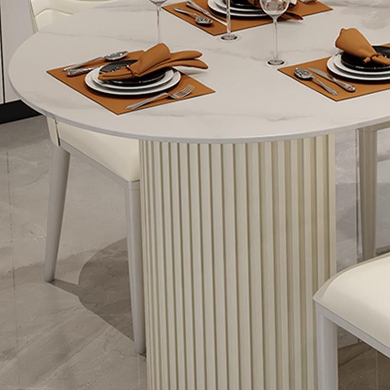 Contemporary Oval Dining Table Stone and Metal Double Pedestal Dining Table in White